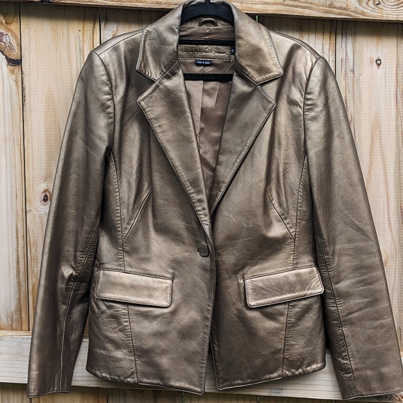 TRIBAL Vintage Y2K Soft Genuine Leather Structured Bronze Blazer 6 - Picture 1 of 5
